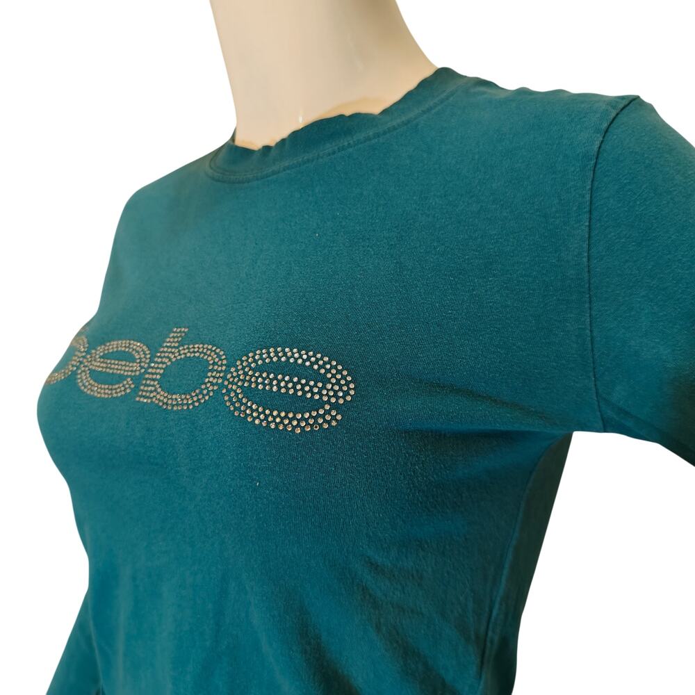 Bebe Teal Rhinestone Logo Long Sleeve Tee Y2K Stretch Top Size L - Picture 4 of 5